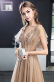 A Line V Neck Short Sleeves Long Tulle Prom Dress Evening Dresses With STFP7MZF43L