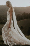 Princess Mermaid V Neck Lace Appliques Ivory Wedding Dresses, Straps V Back Wedding Gowns STF15300