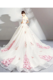 Unique Off The Shoulder Tulle Wedding Dress With Pink Flowers Ball Gown Wedding STFPQ4NB2CL