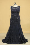 2024 Plus Size See-Through Prom Dresses Scoop Mermaid Tulle With Applique And Beading P2PHBMAR