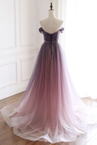 A Line Off the Shoulder Tulle Long Prom Dresses, Lace up Simple Party Dresses STF15008