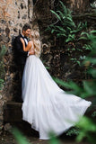 Elegant A Line Illusion Beads V Neck Tulle Long Backless Wedding Dresses, Prom Dresses STF15510