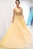 A Line Gold V Neck Beading Tulle Prom Dresses Spaghetti Straps Long Cheap Formal Dress STF14999