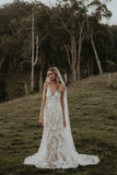 Princess Mermaid V Neck Lace Appliques Ivory Wedding Dresses, Straps V Back Wedding Gowns STF15300