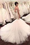 Stunning Mermaid Strapless Sweetheart Tulle Wedding Dresses with Appliques, Wedding Gowns STF15439