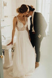 Elegant A Line Tulle Ivory V Neck Wedding Dresses With Pearls V Back Beach Bridal STFPJ5XYJAD