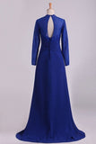 2024 Mother Of The Bride Dresses Long Sleeves Chiffon With Applique Open Back Dark Royal PYMJCX7S