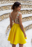 Yellow Floral Satin Illusion Back Daffodil V Neck Homecoming Dresses Short Cocktail Dresses STF14985