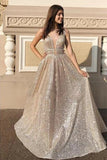 Modest Sparkly A Line Champagne V Neck Long Prom Dresses, Evening Dresses STF15269