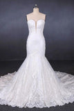 Charming Strapless Sweetheart Mermaid Lace Appliques White Wedding Dresses STF15128