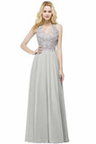 Lace Chiffon Prom Dresses Beading Applique A Line V Neck P2C3FLSL