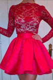 High Neckline Long Sleeves Red Lace Top Short Prom Dresses, Homecoming Dresses STF15237