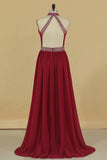2024 A Line High Neck Chiffon Prom Dresses With Beads Open Back Sweep PNFTZX8D