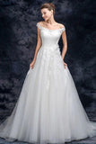 Off the Shoulder Tulle Wedding Dress with Lace Applique, A Line Long Bridal Dresses STF15273