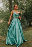 Simple A Line Two Pieces V Neck Satin Prom Dresses Cheap Formal STFPQ87T2TL