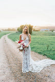 Rustic Lace Appliques V Neck Mermaid Wedding Dresses, Long Bridal Dresses STF15527