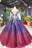 Ball Gown Ombre Sparkly Long Sleeve Sequins Prom Dresses, Quinceanera Dresses STF15066