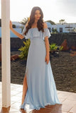 Flowy Light Sky Blue Chiffon Long Prom Dresses Elegant Wedding PF8P2EC7