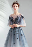 A Line Half Sleeves Tulle Long Ombre Prom Dress with Appliques Blue Evening Dresses STF15001