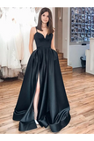 Black Spaghetti Straps Split Long Satin Prom Dress A Line Simple Long Formal STFP5G4JRHJ