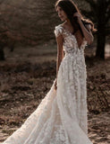 A Line Ivory V Neck Country Wedding Dresses with Appliques, Beach Wedding Gowns STF15548