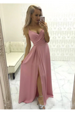 Simple Satin Evening Gown Spaghetti Straps Prom Dress With Pleats And High STFPMRMS38T