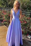A Line Lavender V Neck Long Prom Dresses with Pockets, Satin Backless Evening Dresses STF15003