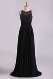 2024 Black Open Back Prom Dresses Scoop A Line Chiffon With PLB57RAJ