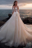A Line Long Sleeves Round Neck Tulle Wedding Dresses With Appliques Wedding STFP64QPJLR