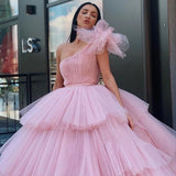 Charming Ball Gown Tulle Pink One Shoulder Long Prom Dresses, Quinceanera Dresses STF15096