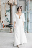 Simple A Line Ivory Chiffon V neck Wedding Dresses, Half Sleeves Long Wedding Gowns STF15381