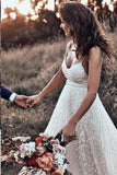 Rustic A Line Lace Backless Spaghetti Straps Wedding Dresses, V Neck Bridal Dress STF15591