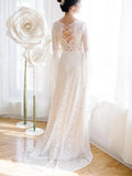 Unique V Neck Lace-up Mermaid Back Bridal Dresses Ivory Lace Trumpet Sleeve Wedding Dresses STF15469