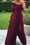 Modest Off the Shoulder Burgundy Bridesmaid Dresses with Slit, Prom STF20427