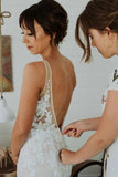 Elegant Mermaid Lace Appliques Straps V Neck Ivory Wedding Dresses, Beach Wedding Gowns STF15515