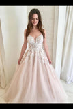 A Line V Neck Champagne Tulle Prom Dresses Wedding Dress PQFBHCH6