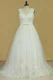 2024 Plus Size V-Neck Wedding Dresses A-Line Court Train Tulle With Applique & Belt Covered PXCRD6L7