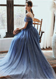 Charming A Line Blue Ombre Tulle Prom Dresses with Open Back, Evening STF20394