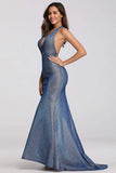 Sexy V Neck Halter Blue Backless Prom Dresses, Cheap Long Party Dresses STF15365