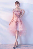 Pink Lace Tulle Short Prom Dress Off-the-Shoulder Appliques Lace up Homecoming Dresses STFPST13190