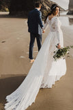 Charming A Line Long Sleeves V Neck Lace Ivory Beach Wedding Dresses, Bridal STF20395
