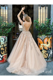 A Line Bateau Neckline Beadings Sash Prom Gown Champagne Appliques Lace Up Back Prom STFP9H7T9ZJ