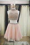2024 Two Pieces Halter Cute Mini Blush Pink Sexy Short Homecoming Dresses