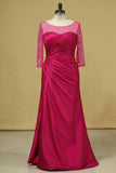 2024 Plus Size Scoop Mother Of The Bride Dresses Long Sleeves Taffeta With Beads And Ruffles PJC4GHHR