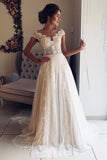 A Line Cap Sleeve Lace V Neck Chiffon Ivory Beads Wedding Dresses, Wedding Gowns STF14996