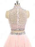 High Neck Pink Tulle Sweep Train Beading Two Pieces Long Prom Dresses