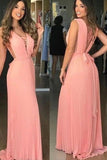 Elegant V Neck Chiffon Coral Straps V Neck Prom Dresses with Belt, Long Evening Dresses STF15212
