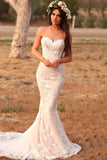 Charming Mermaid Lace Applique Sweetheart Sleeveless Wedding Dresses, Country Bridal Dresses STF15107