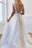 A Line Deep V-Neck Backless White Tulle Prom Dress With Appliques, Evening Dresses STF14997