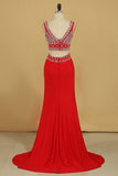 2024 Two Pieces V Neck Prom Dresses Sheath Spandex With Beading PRHPBG43